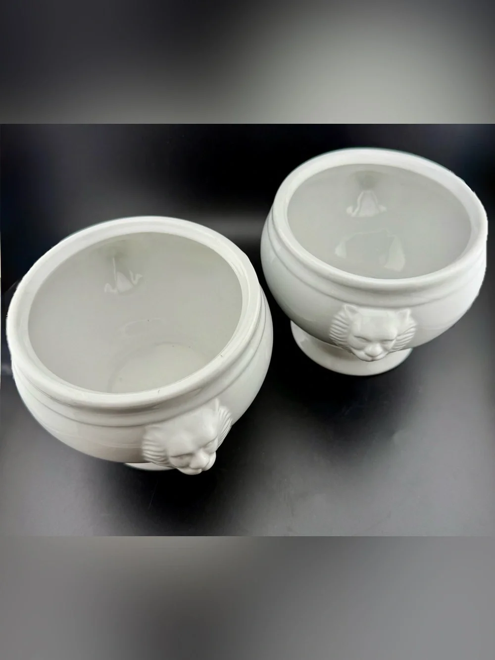 2 Sur La Table lion head handles soup bowls. Large. White porcelain. 38 oz